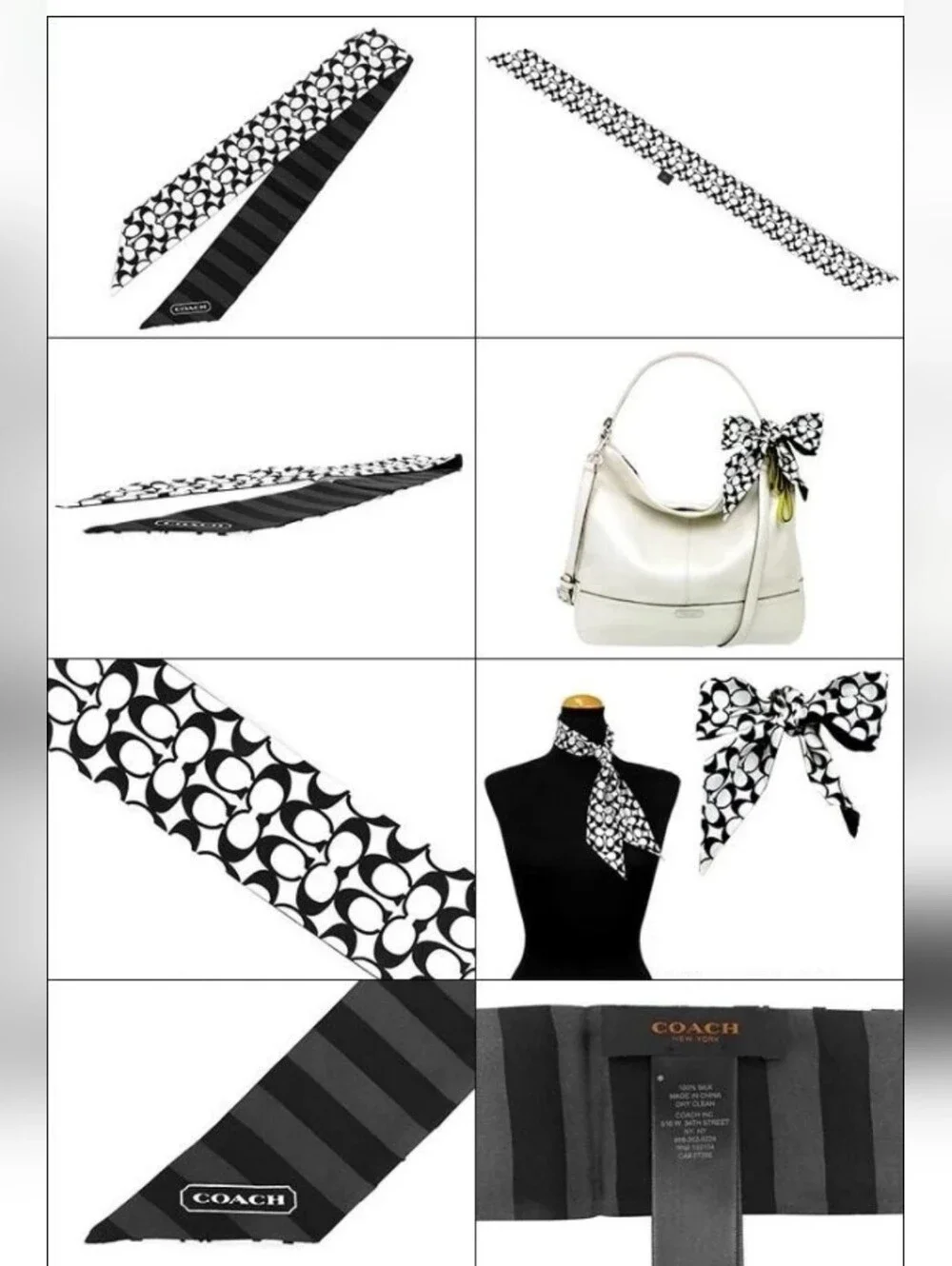 Coach Signature Black & White Silk Skinny Scarf